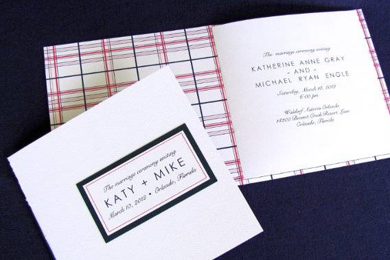 Hot pink and navy blue plaid wedding program with hand-sewn binding. Modern preppy style.  Dogwood Blossom Stationery.