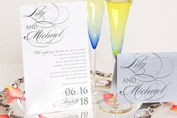 Wedding Style W-5015 is an elegant design that is enhance in its use of creative typefaces. The bride and groom's name in the upper left corner in a creative type with some of the swirls actually 