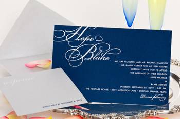 Wedding style W-5012 is a great design for Brides who like a darker paper. What makes this design work so well is that the wording uses silver foilstamping, which really 