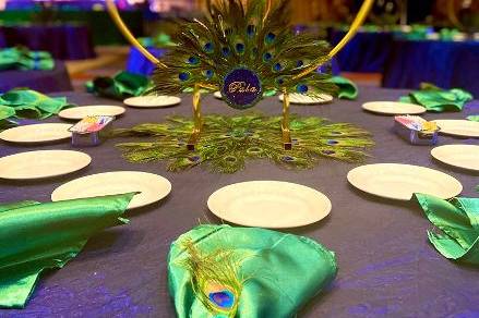 Peacock-themed tablescape