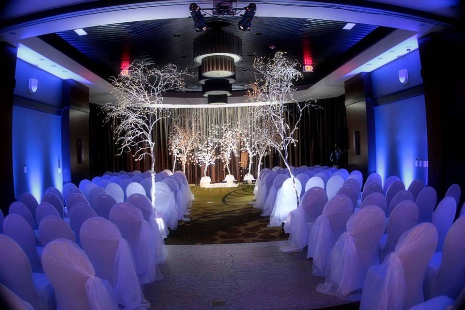 Real birch trees aligned to create a winter wonderland feel.920 Events was honored to be a part of this spectacular wedding, providing white chair covers, white organza hoods for the aisle only.  Working with Roots on 9th adding fresh carnations flowers to the birch trees to create the look of cherry blossoms.  Working with Dream Lighting company to add the room lighting and stage lighting.  Gorgeous!