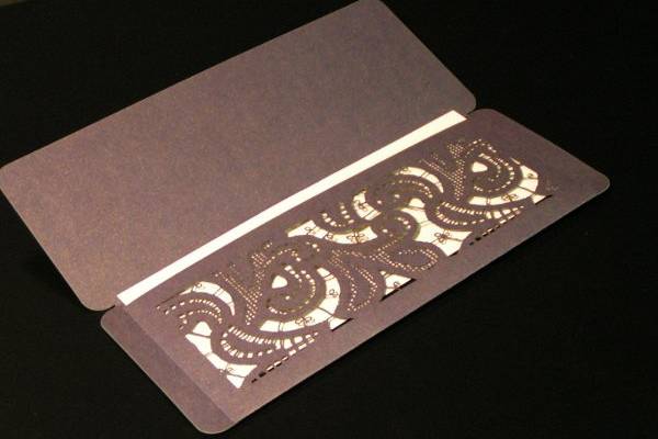 This is our Paisley Lace wedding mailer in Rich Cobalt. More info and choices at papelcouture.com.