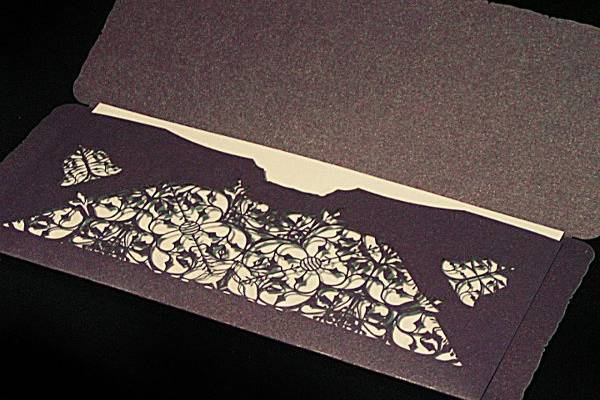 This is our Stained Glass wedding mailer in Ionized Grey. More info and choices at papelcouture.com.
