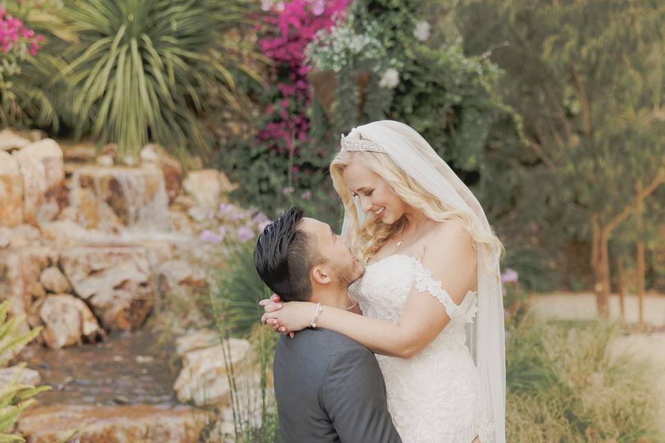 Bride, Groom + Water Feature