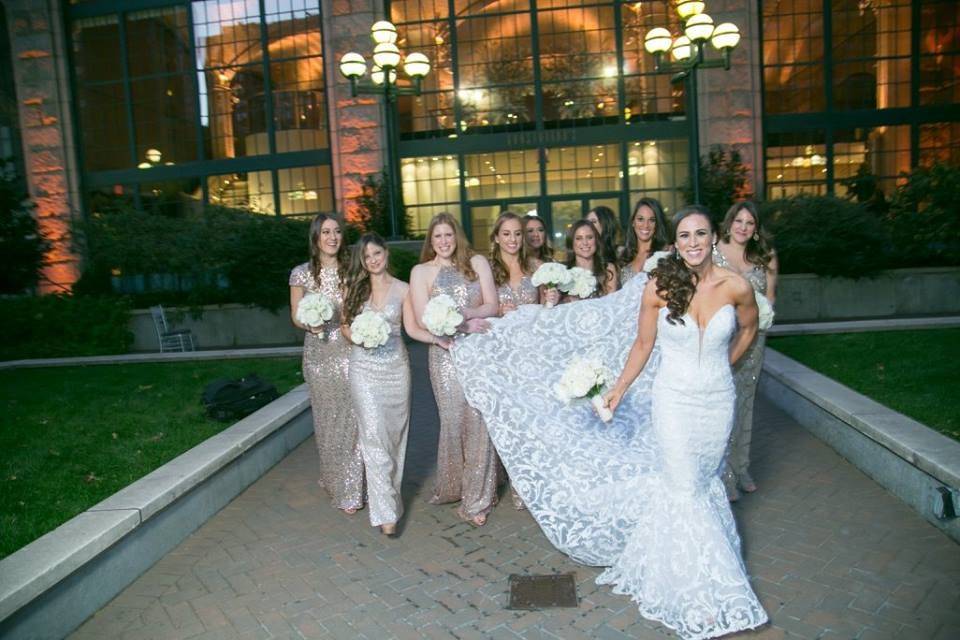 Bridal party fun, wedding dress