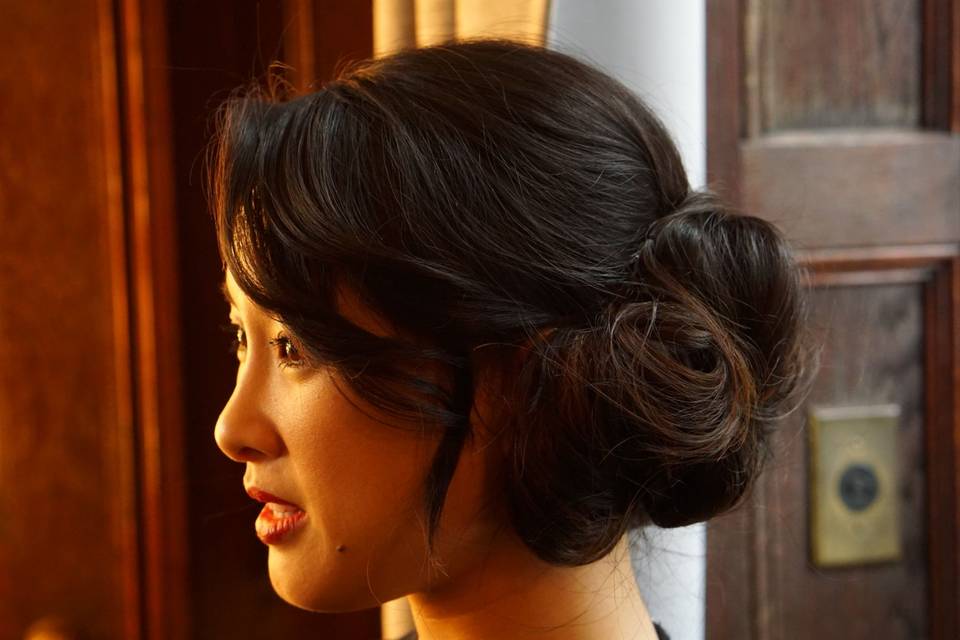 Soft low bun with waves Asian hair styling