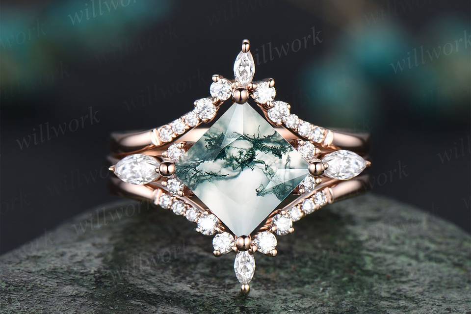 Princess Cut Moss Agate Ring