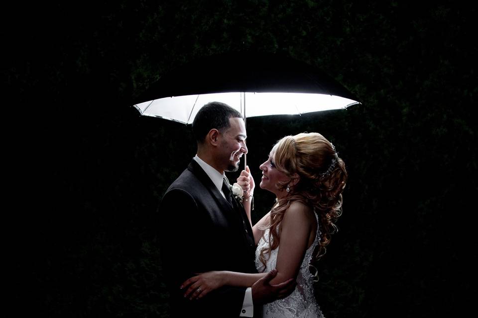 Bride and groom at night