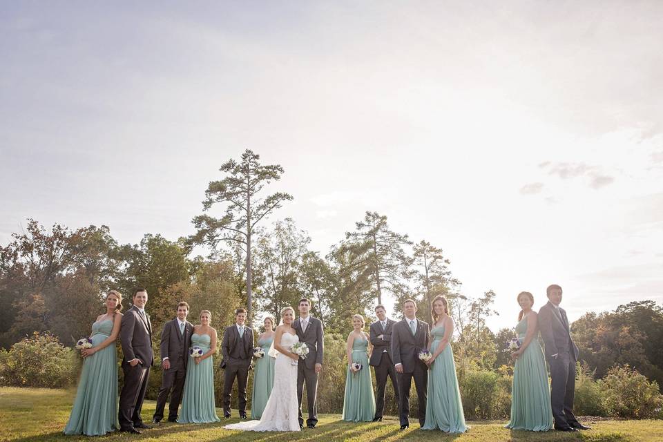 Couple with bridesmaids and groomsmen