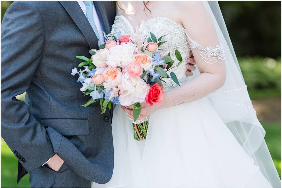 Coral, peach, and blue bouquet