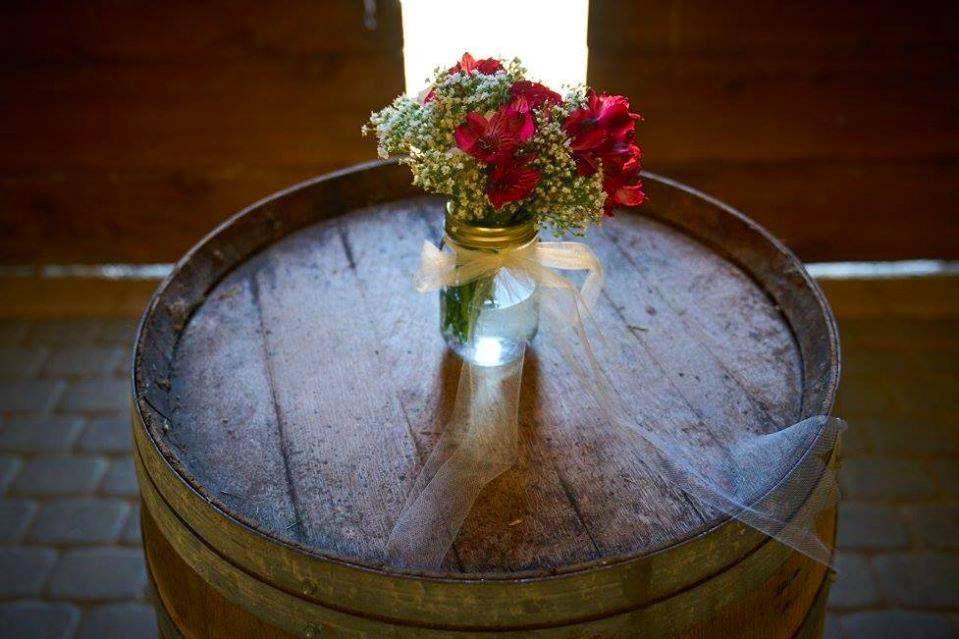 Floral centerpiece on barrel