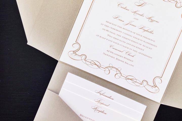 White details on tan invitation