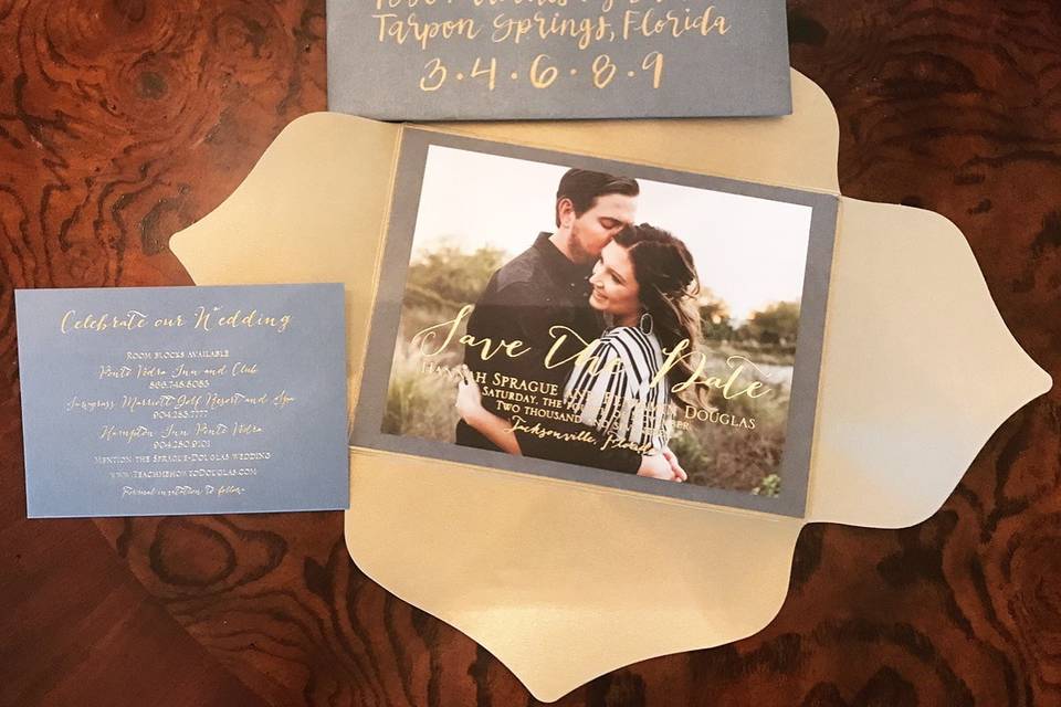 Gold on grey photo invitation