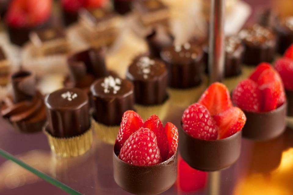 Petits Fours including strawberry chocolate tarts, peanut envy and fallen chocolate souffle.