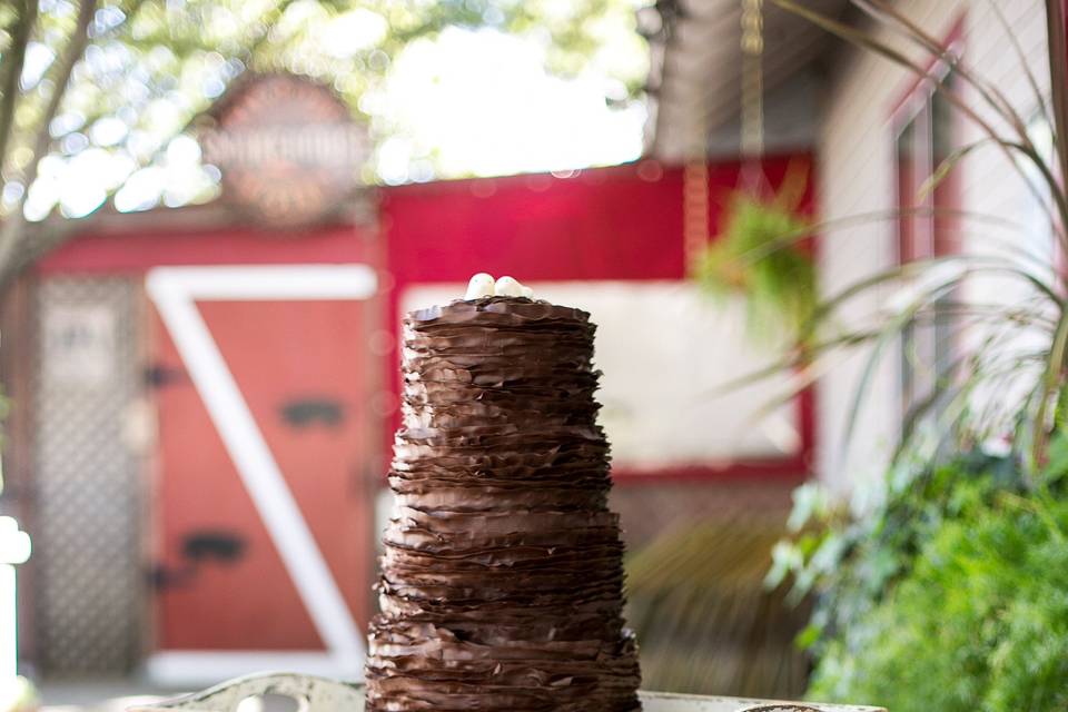 Rustic dark chocolate ruffle cake