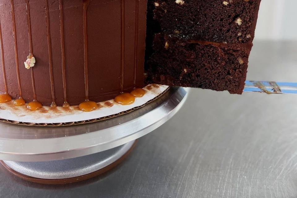 Chocolate, caramel, and pecan cake