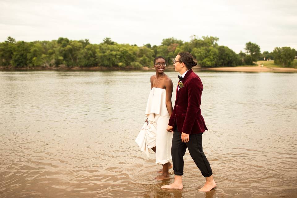 Couple walking barefoot