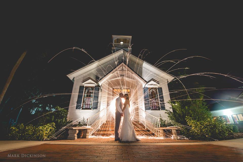 Chapel at night with sparklers