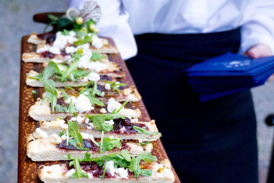 Mini grilled flatbread with drunken fig jam, VT blue cheese, and arugula