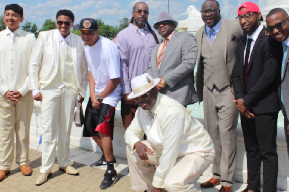 Groom with his squad outdoors