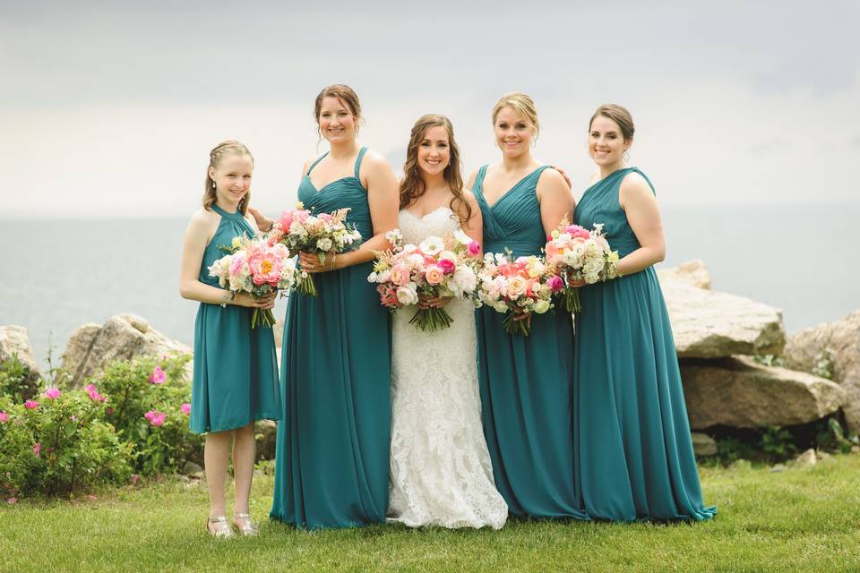 Colorful bride & bridesmaids bouquets with Anemones, Ranunculus, Garden roses, Coral Peonies, Astilbes.