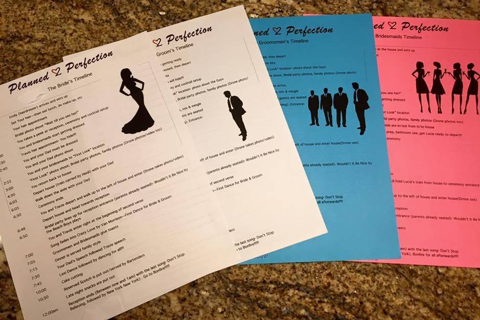 Timelines for the Bride, Groom, Groomsmen and Bridesmaids created by Planned 2 Perfection