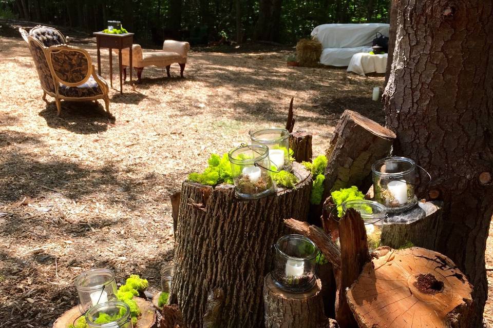 Moss and electric candles on tree stumps create a 