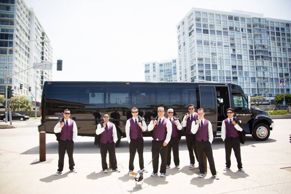 Wedding Grooms traveling in Top Dog Limo Bus, San Diego Party Bus!