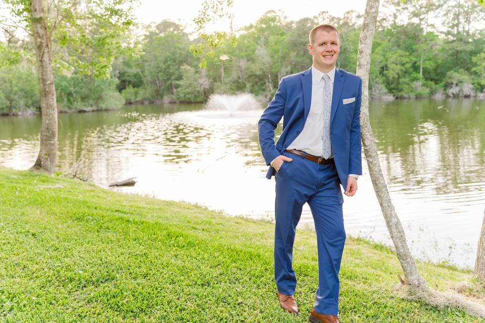 Groom landing behind The Barn