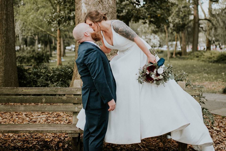 Bride and Groom on bench