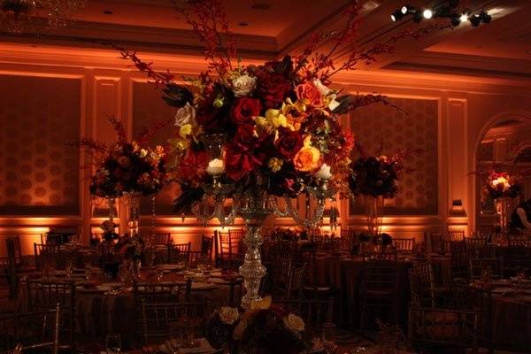 Wall Draping with LED uplights and Pinspots on Lush Centerpieces
