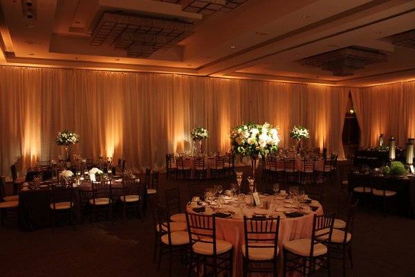 Candlelight colored uplights and pinspots that highlighted unique centerpieces adorned the ballroom draped walls.