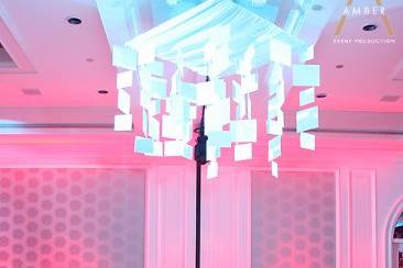 Custom Hanging Chandelier, Color Changing LEDs, LED Dance Floor in a Club/Lounge setting.