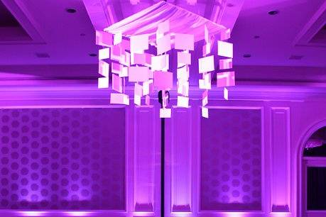 Custom Hanging Chandelier, Color Changing LEDs, LED Dance Floor in a Club/Lounge setting.