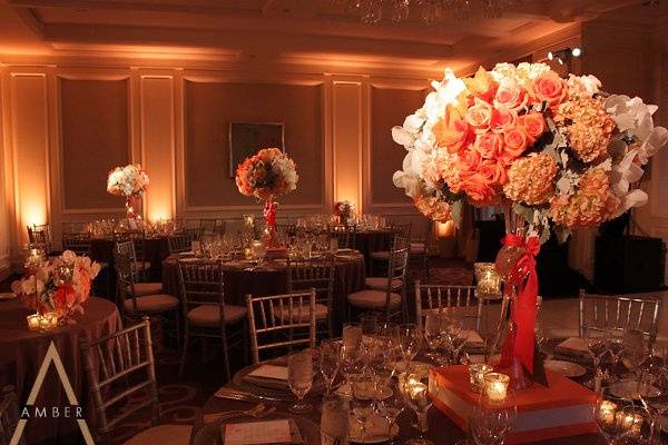 Coral and platinum decor with birds