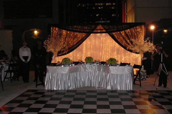 Lighted Backdrop, Crystal Trees, Head Table skirt and Skirt Band.
