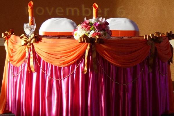 Orange, Fuchsia and Gold Satin Table Linens for Sweetheart Table