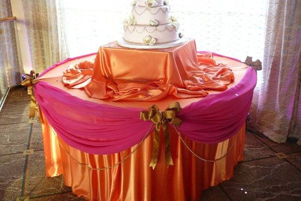 Orange, Fuchsia and Gold Satin Table Linens for Cake Table