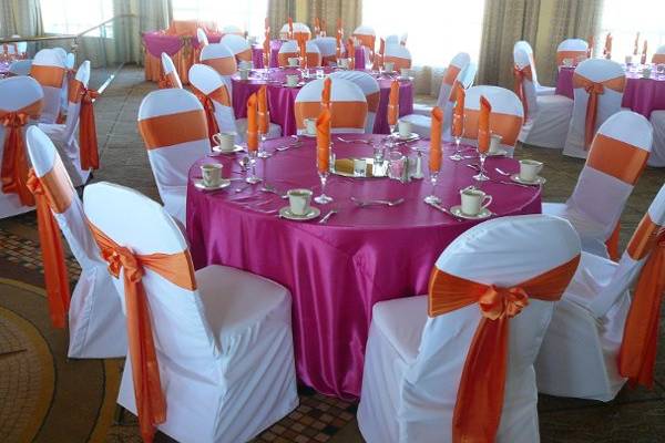 Fucshia, Orange and White Event - Chair Covers and Satin Table Linens