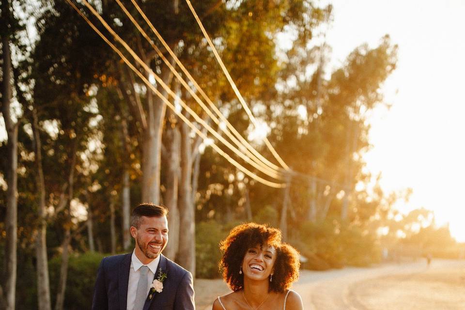 Bride + groom at sunset