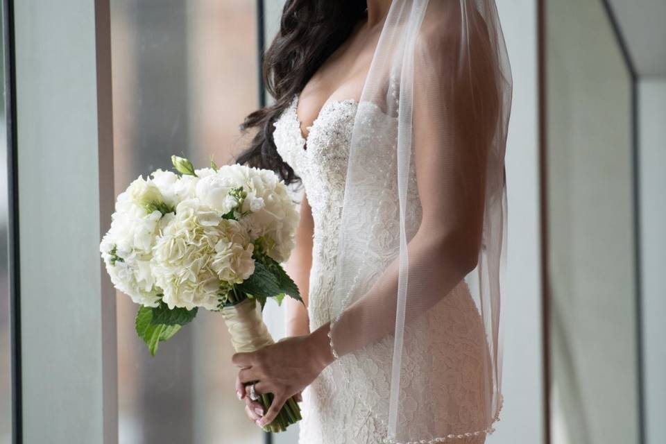 Bridal dress and bouquet