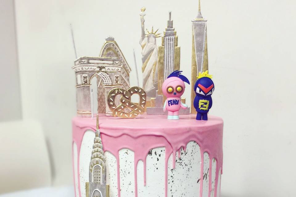 Buttercream cake with 2D NYC city skyline made for Fendi