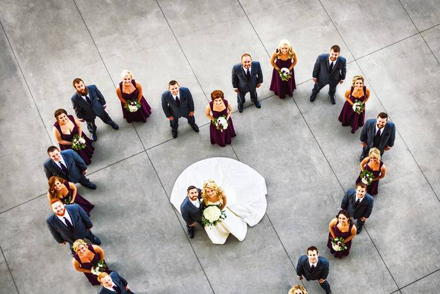DCP large wedding party from above at convention center patio.