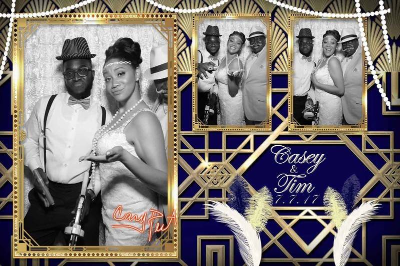 A gatsby themed wedding with touches given to us by the bride and groom. 3 Photos on a 4x6 print. Photo filter feature after the picture is taken to see what they will look like with different filters.