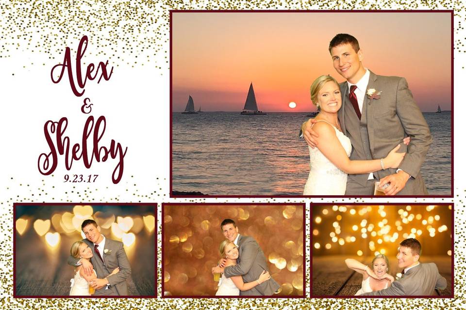This is a perfect example of how your photo booth experience can be personalized in many ways: 1. The template was made from scratch to match the wedding colors and style, including using bride & groom name and wedding date. 2. The background for the largest photo was provided by the bride. This was where they were when he proposed to her.  Provided the image is high enough resolution we can use almost any picture for a background.3. Different backgrounds for each photo. No matter what style of template you choose, you can always have a different background for each photo. This makes each session different and allows yours guests some preference in their photos.