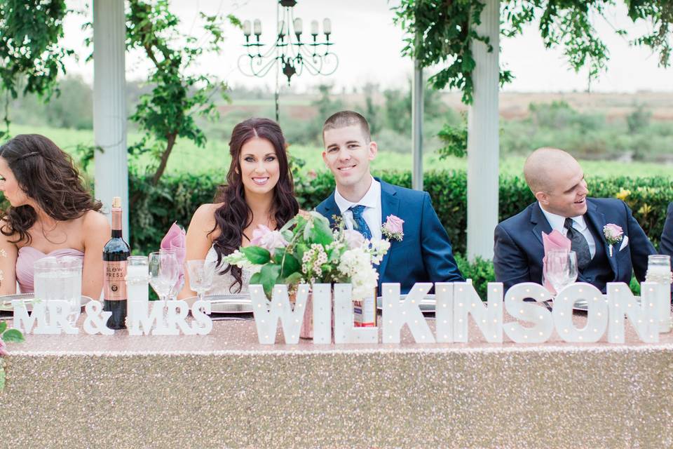 The couple with the bridesmaids and groomsmen