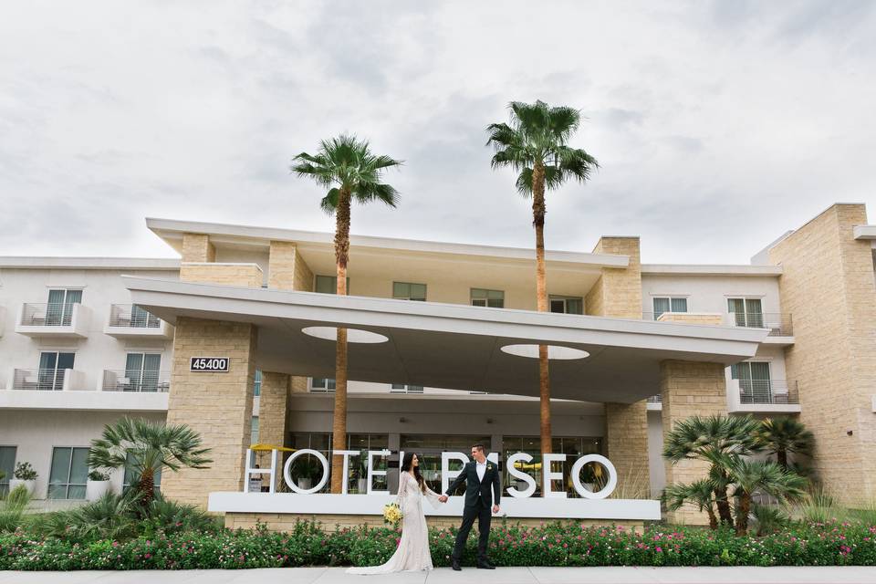 Couple in front of hotel