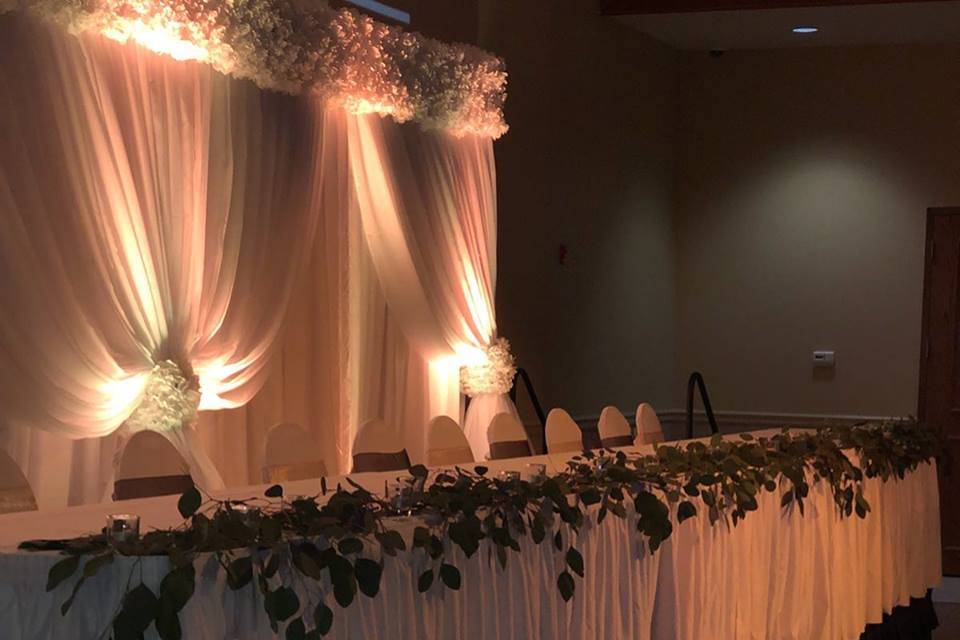 Draped Head table and florals