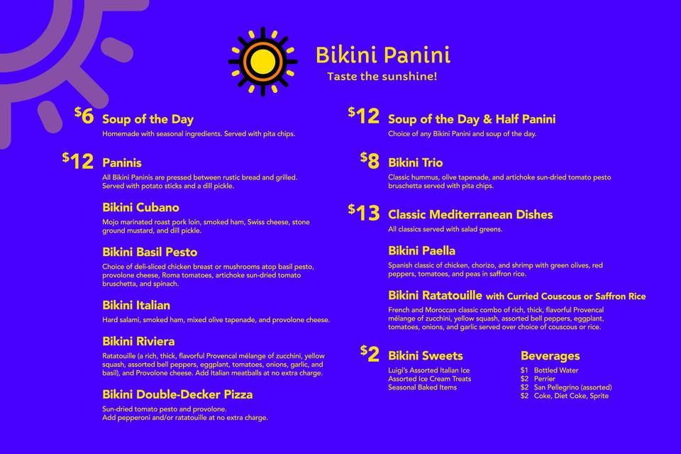 Bikini Panini regular menu