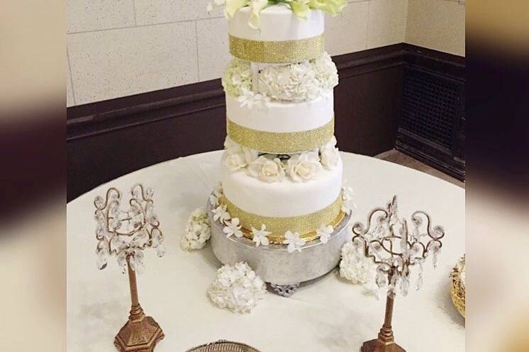 Blinged Out Wedding Cake with Fresh Flowers